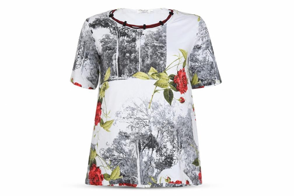 Front view of Fashion Highlight Women’s Red Floral Print Short Sleeve Viscose T-Shirt, size UK 20