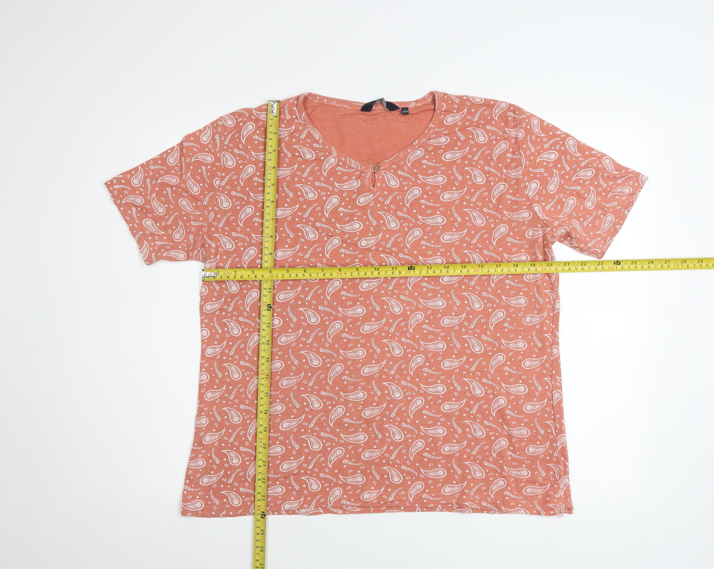 Isle Essentials Women's Orange Paisley Cotton V-Neck T-Shirt Size L