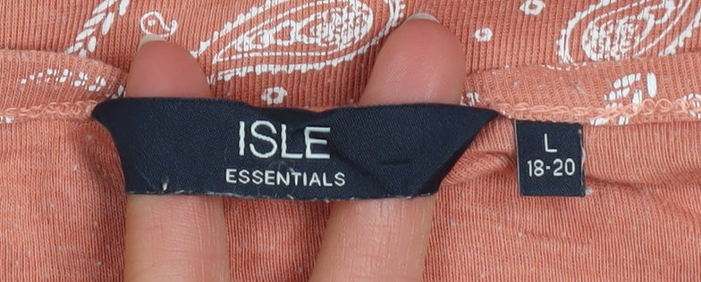 Isle Essentials Women's Orange Paisley Cotton V-Neck T-Shirt Size L