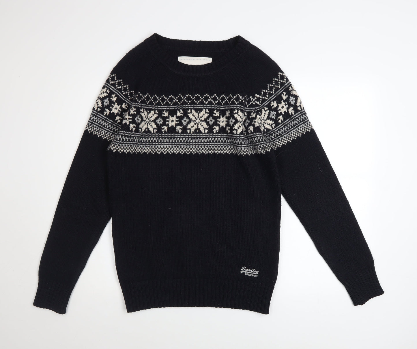 Superdry Mens Black Fair Isle Nordic Knit Jumper M Winter Pullover