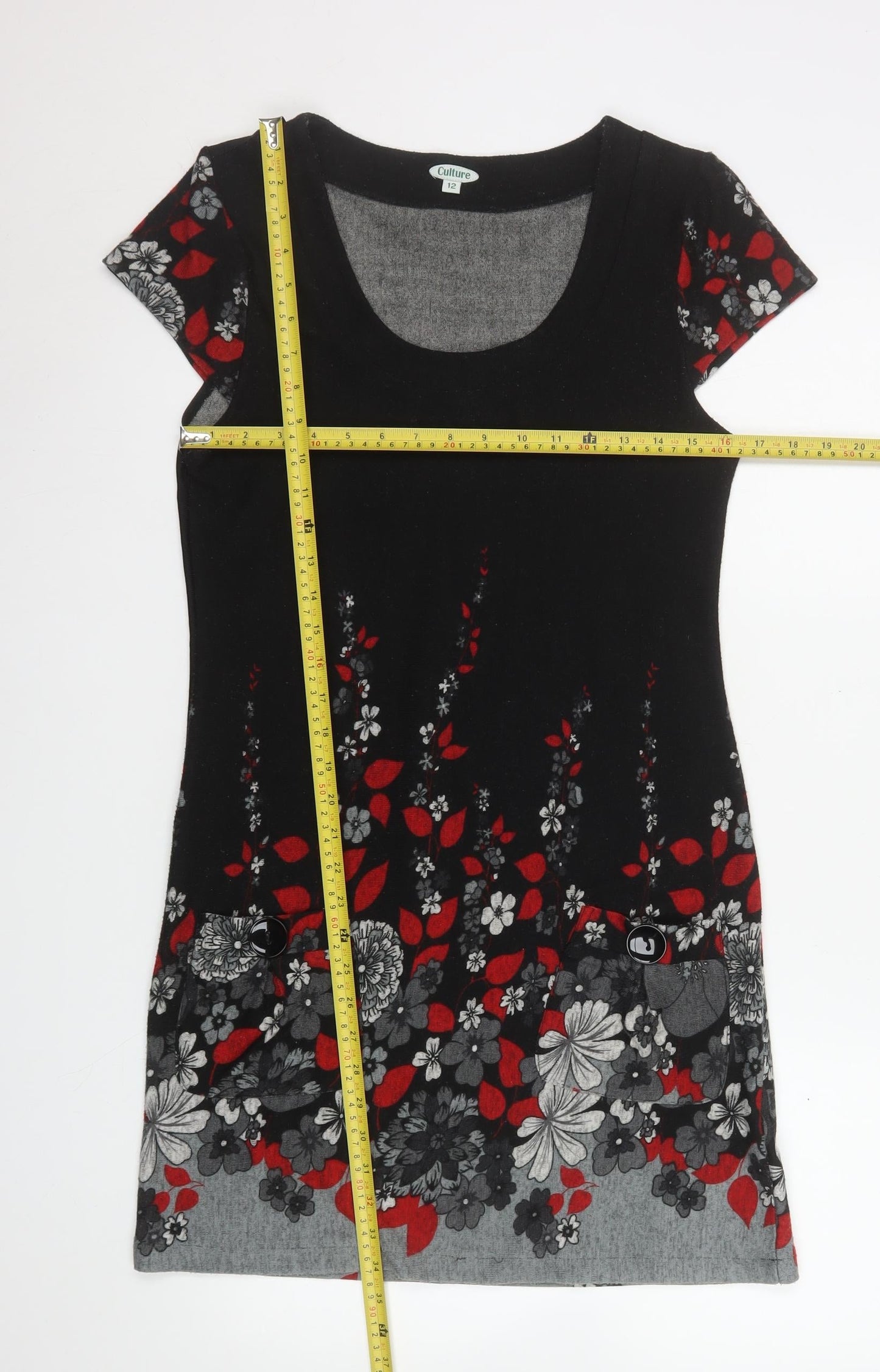 Culture Women’s Black Floral Shift Dress Size 12 Short Sleeve Scoop Neck