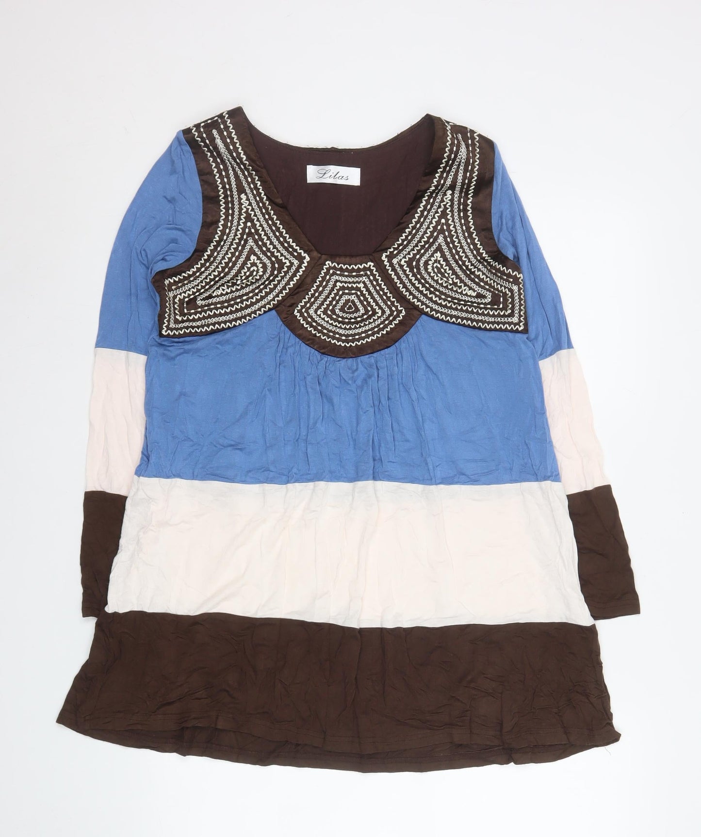 Lilas Womens Blue Beige Brown Beaded Boho Shift Dress Size 2