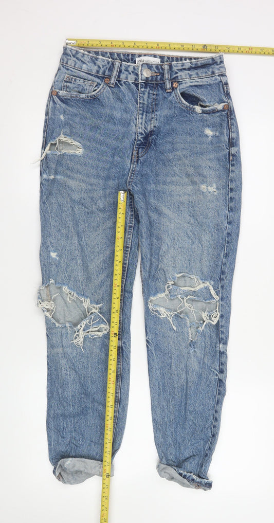 ZARA Women Blue Boyfriend Distressed Mid Rise Jeans Size 8