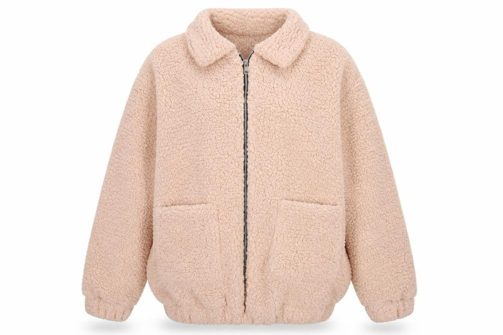 SMYS Womens Beige Fleece Bomber Jacket Size L Casual Zip Front