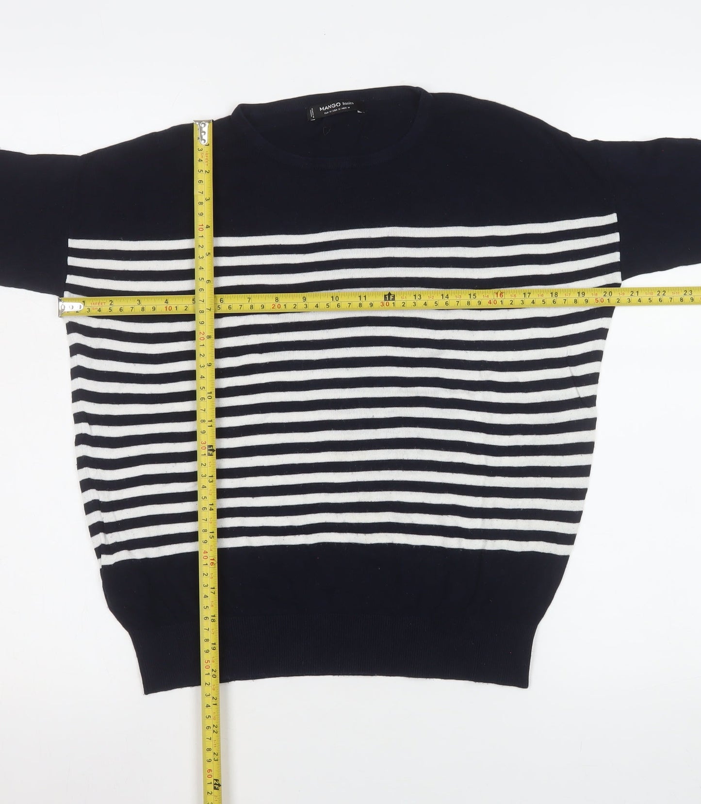 Mango Women’s Navy and White Striped Relaxed Fit Pullover Jumper Size 12