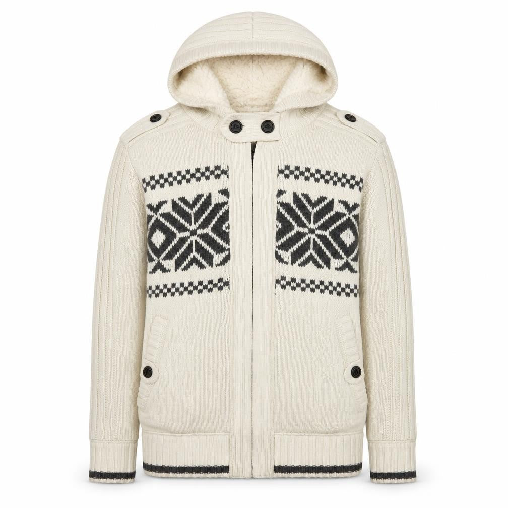 Next Men’s Ivory Fair Isle Hooded Knit Jacket L Wool Blend Winter
