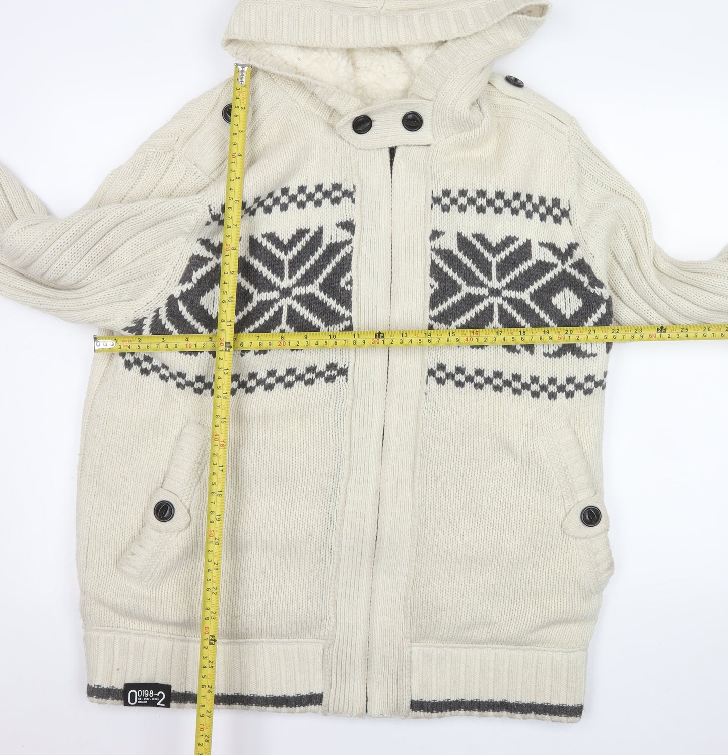 Next Men’s Ivory Fair Isle Hooded Knit Jacket L Wool Blend Winter