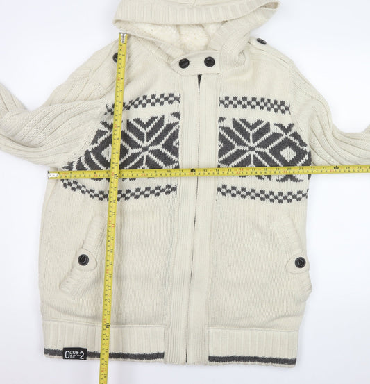 Next Men’s Ivory Fair Isle Hooded Knit Jacket L Wool Blend Winter