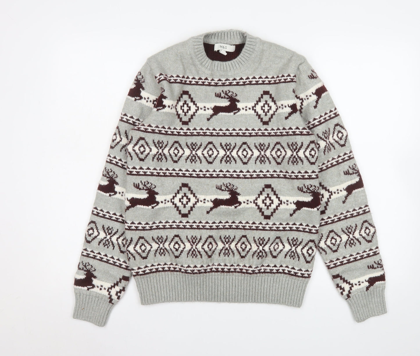 Marks and Spencer Men's Grey Fair Isle Reindeer Jumper Size S