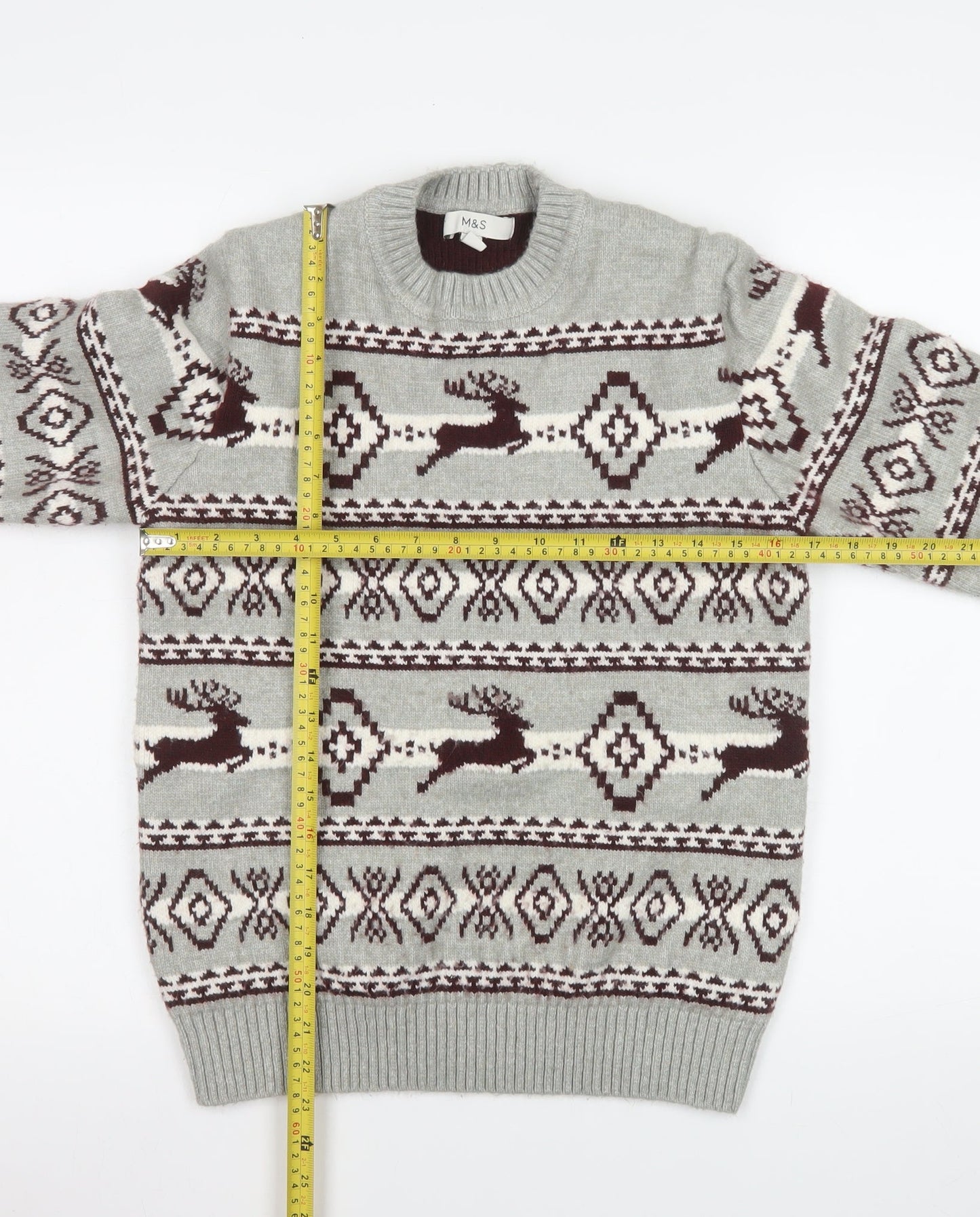 Marks and Spencer Men's Grey Fair Isle Reindeer Jumper Size S