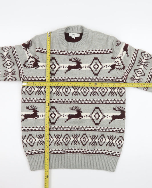 Marks and Spencer Men's Grey Fair Isle Reindeer Jumper Size S