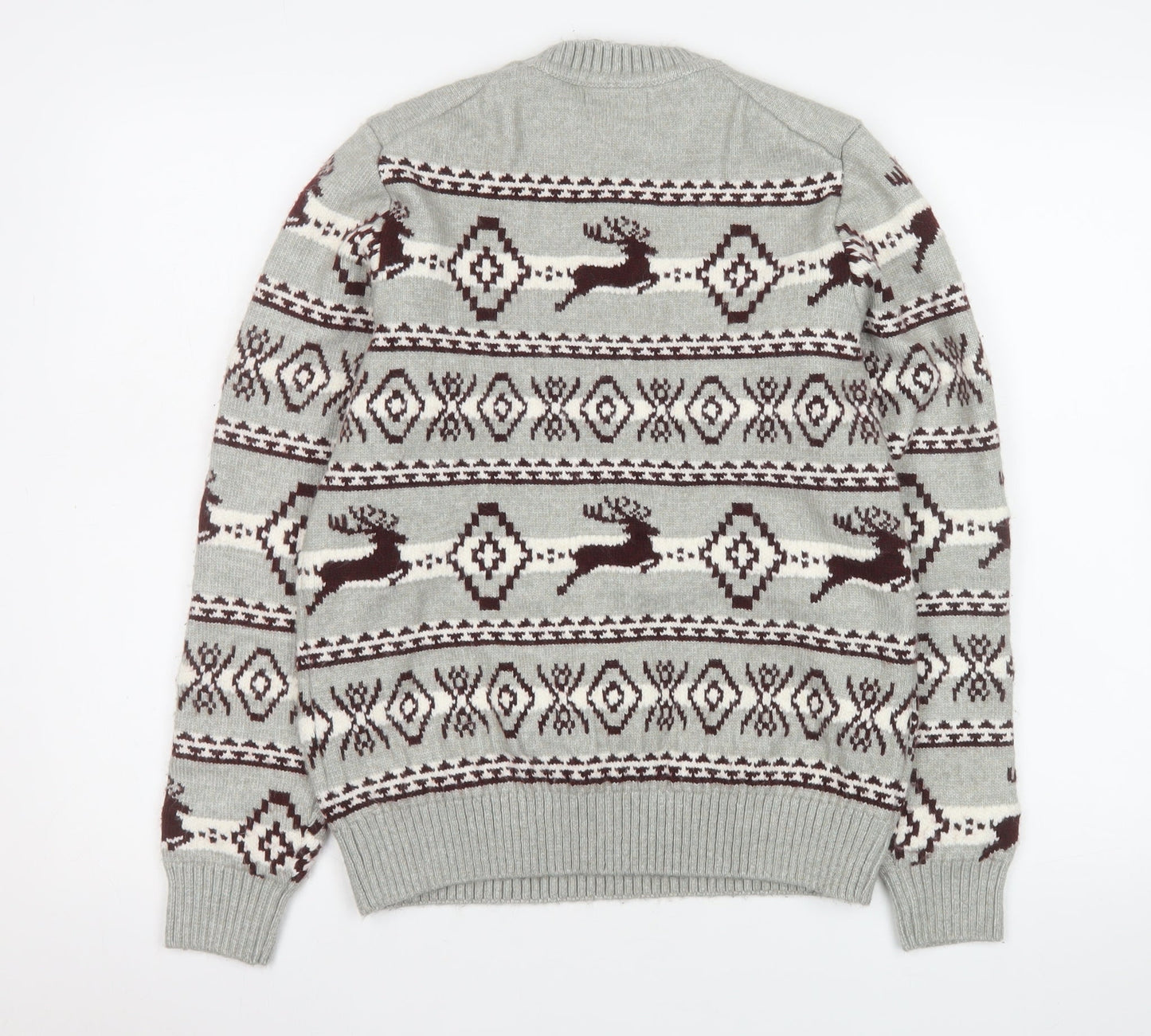 Marks and Spencer Men's Grey Fair Isle Reindeer Jumper Size S