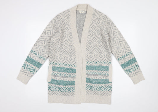 FatFace Women Grey Fair Isle Open Cardigan UK 8 Wool Blend Knit