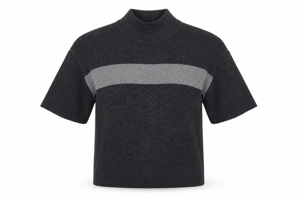 English Lady Womens Grey Mock Neck Short Sleeve Merino Wool Knit Jumper M