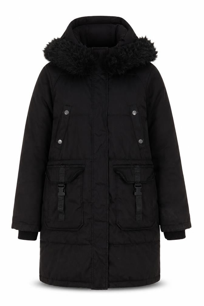 Steve Madden Women’s Black Fur Trim Hooded Long Parka Coat Size M