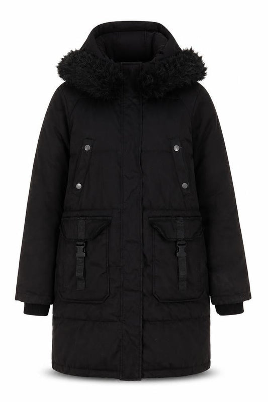 Steve Madden Women’s Black Fur Trim Hooded Long Parka Coat Size M