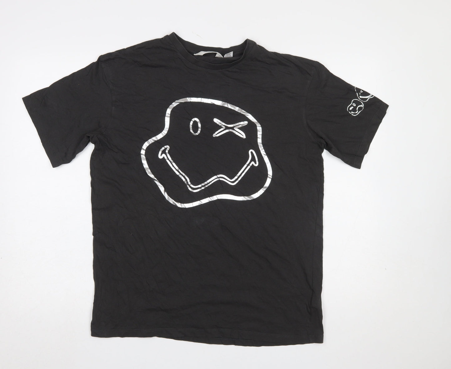 H&M Smiley World Girls Black Graphic T-Shirt 14 Years Cotton Short Sleeve