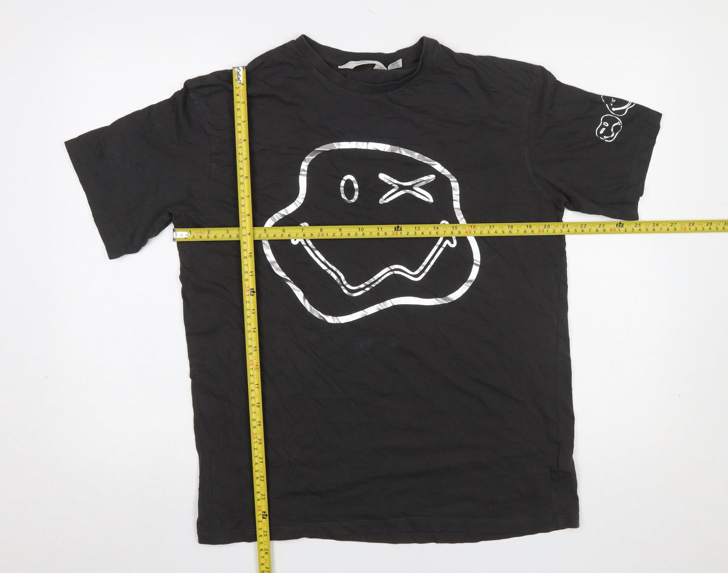 H&M Smiley World Girls Black Graphic T-Shirt 14 Years Cotton Short Sleeve
