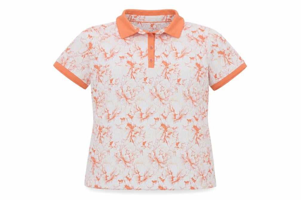 Front view of Pádráig Harrington for Dunnes Stores Women’s Orange Floral Polo Shirt, size UK 12