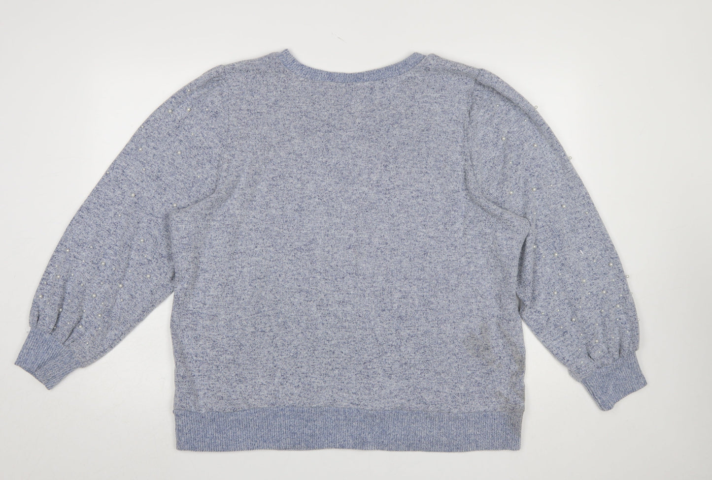 Klass Womens Blue Beaded Puff Sleeve Crew Neck Pullover Jumper 2XL