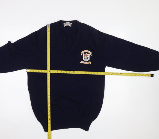 Glenmoor Men’s Navy Blue Wool Golf Pullover Jumper M V-Neck Embroidered