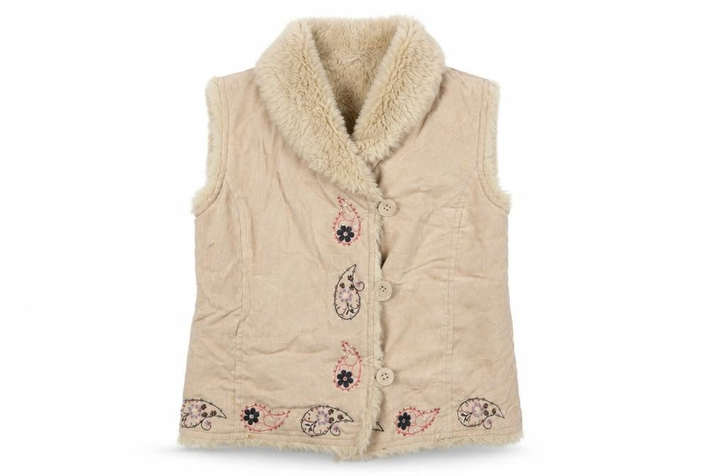 Front view of Debenhams girls’ beige faux suede embroidered faux fur waistcoat 7 years