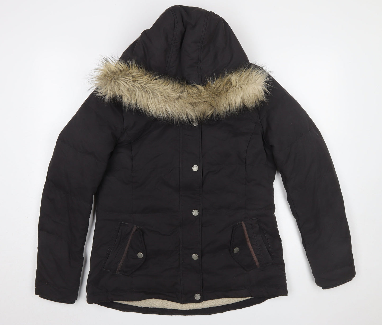 Fat Face Womens Black Size 12 Hooded Puffer Jacket Faux Fur Trim Winter Coat