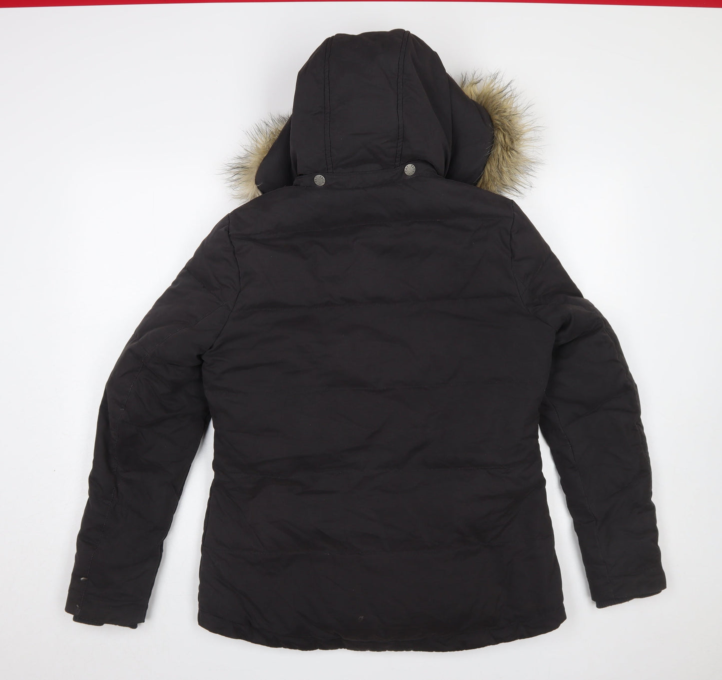 Fat Face Womens Black Size 12 Hooded Puffer Jacket Faux Fur Trim Winter Coat