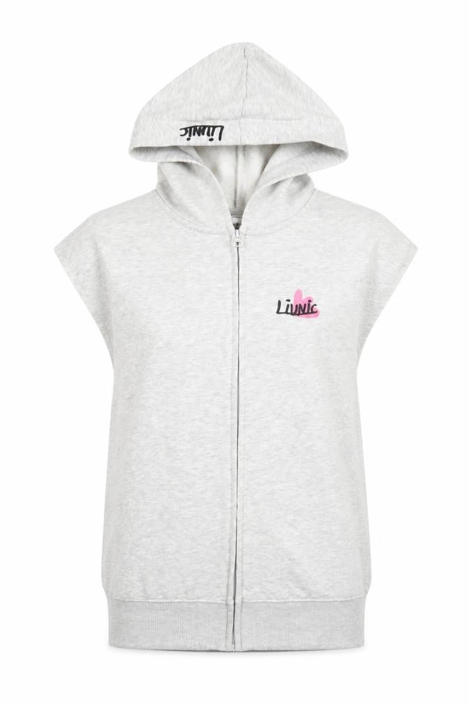 Front view of H&M girls’ grey graphic sleeveless full zip hoodie 16 years