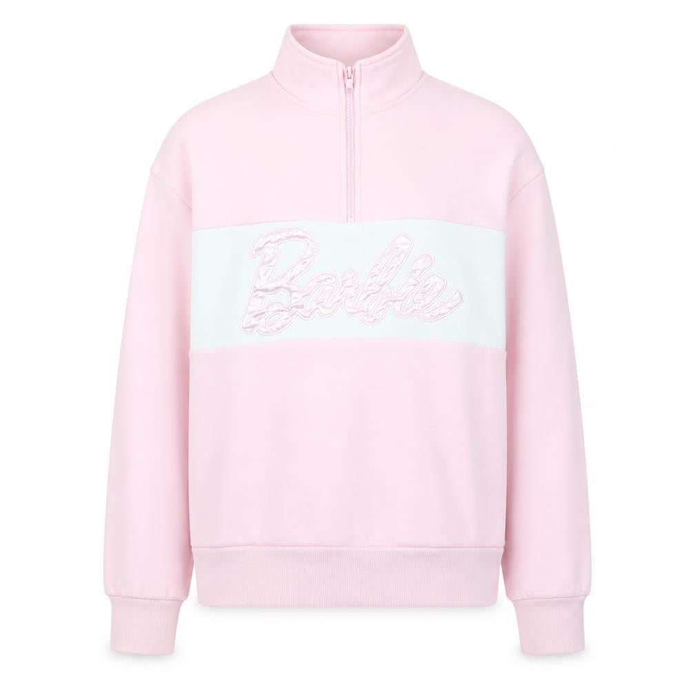 Front view of Barbie girls’ pink 11-12 years half zip fleece sweatshirt
