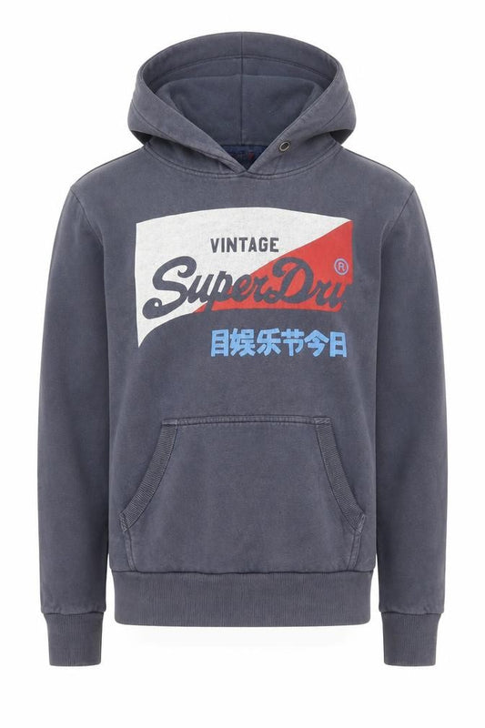 Superdry Men's Blue Pullover Hoodie Small Logo Print Fleece