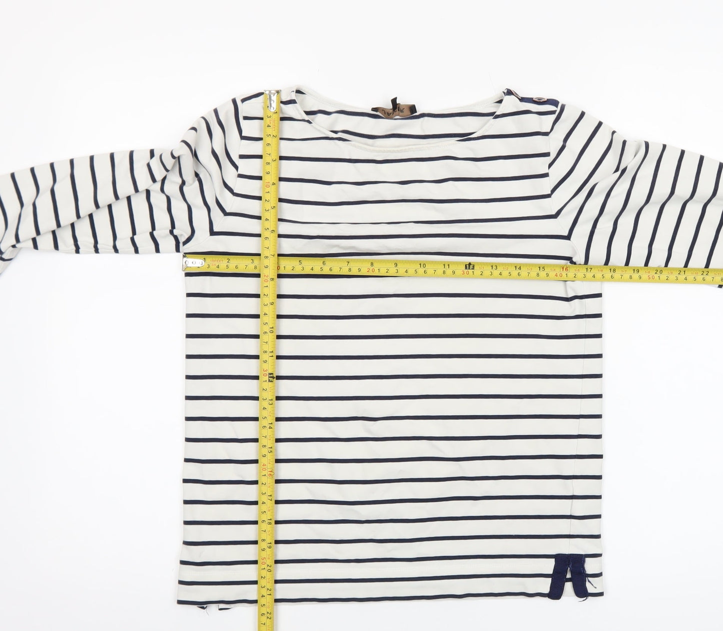 Jaeger Women White Navy Striped Cotton Boat Neck Long Sleeve Top S