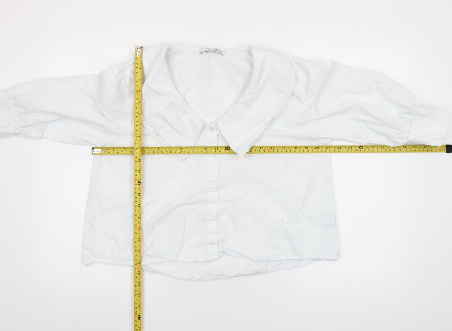 Pull & Bear Women's White Cotton Collared Cropped Blouse L