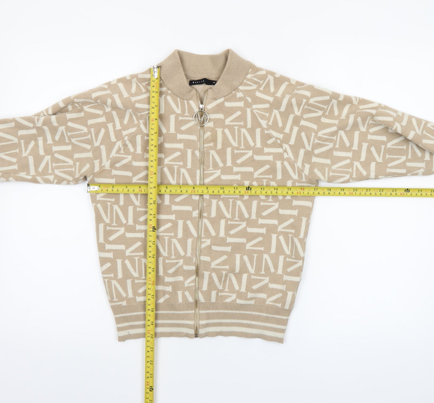 Mohito Women's Beige XS Full Zip Knit Jumper with Logo Design