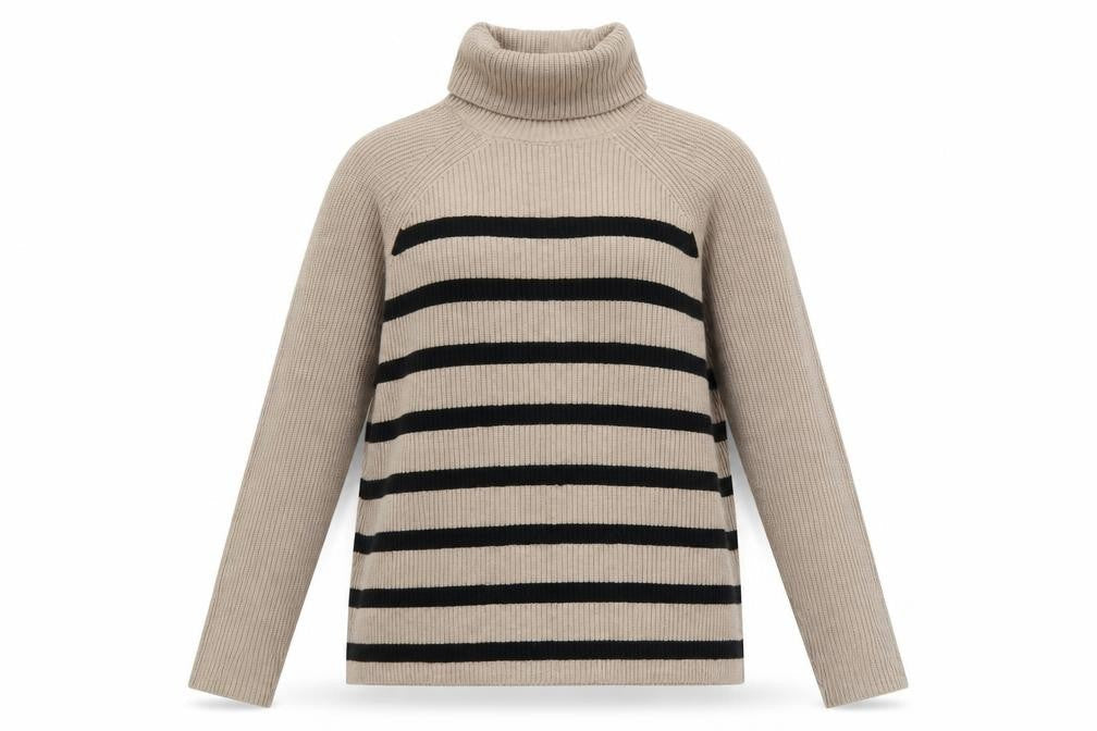 Marks and Spencer Womens Beige Black Striped Roll Neck Jumper Size L