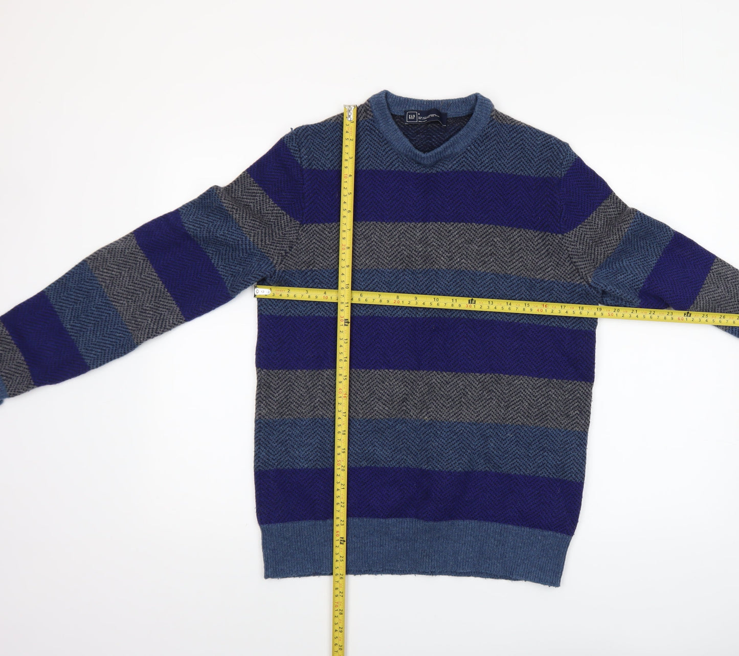 GAP Men Blue Grey Striped Lambswool V-Neck Jumper Size S
