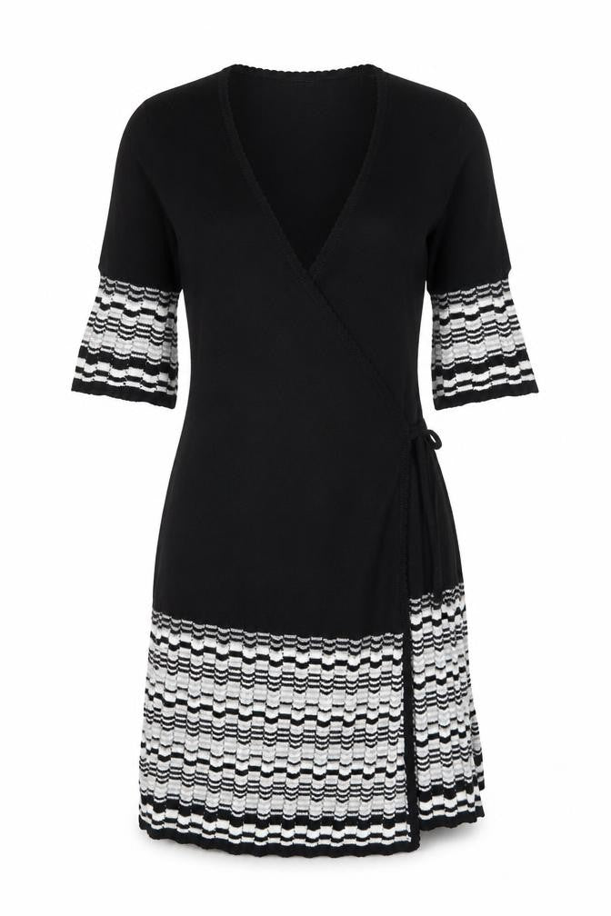 New Look Women’s Black & White Knit Wrap Dress Size 8 3/4 Sleeve