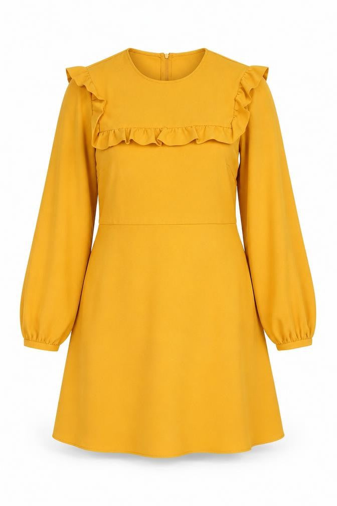 Zara Women Yellow A-Line Ruffle Long Sleeve Short Dress Size 14
