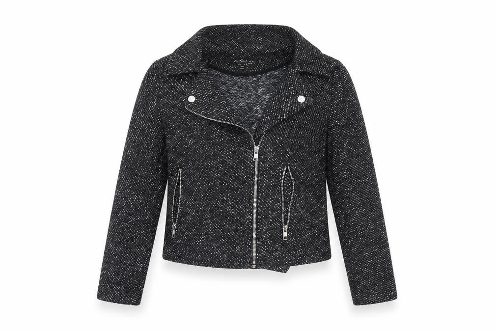 Front view of Miss Selfridge Women Black Tweed Biker Jacket UK 8 Cropped Zip Style