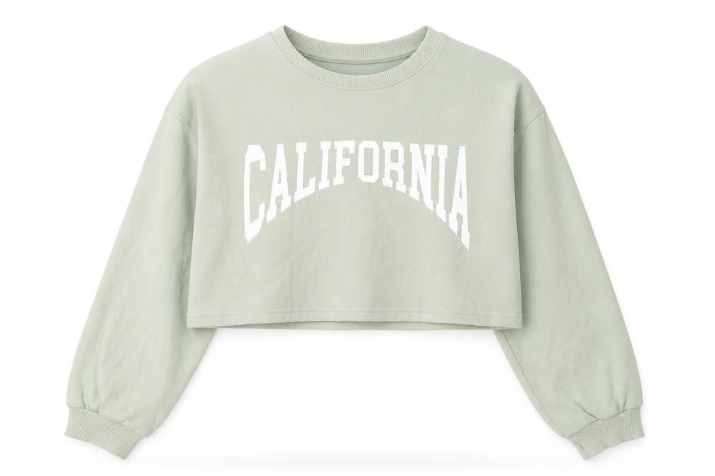 Pull & Bear Women Green Crop Pullover Sweatshirt Size M CALIFORNIA Print
