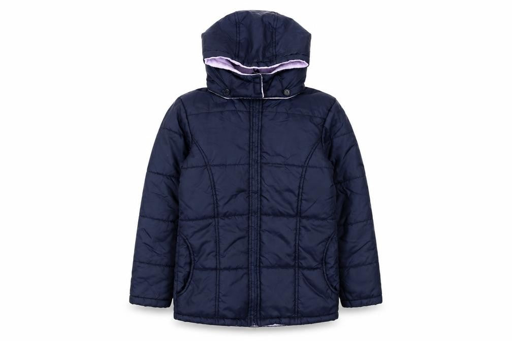 Front view of Adams girls’ blue hooded puffer jacket 8 years nylon mid-length coat