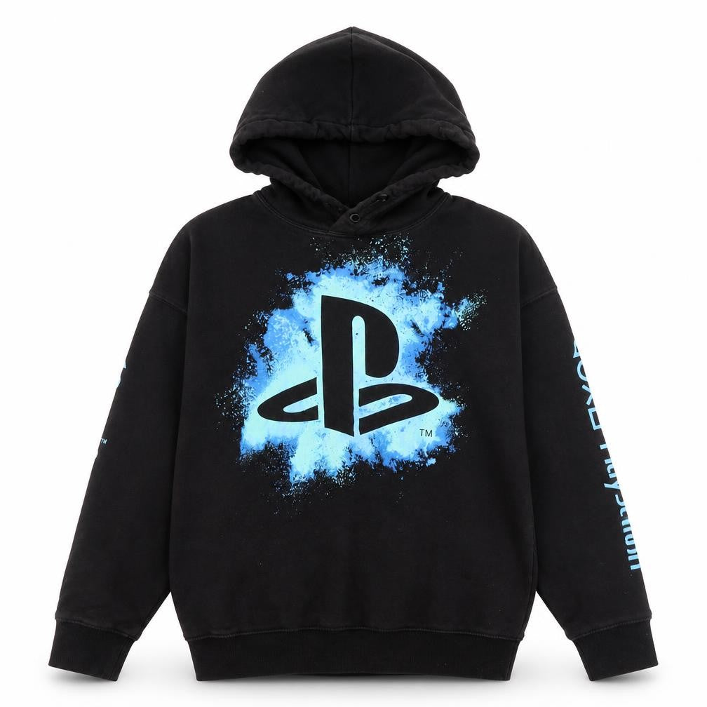 Front view of H&M boys’ black playstation hoodie 11-12 years pullover graphic sweatshirt