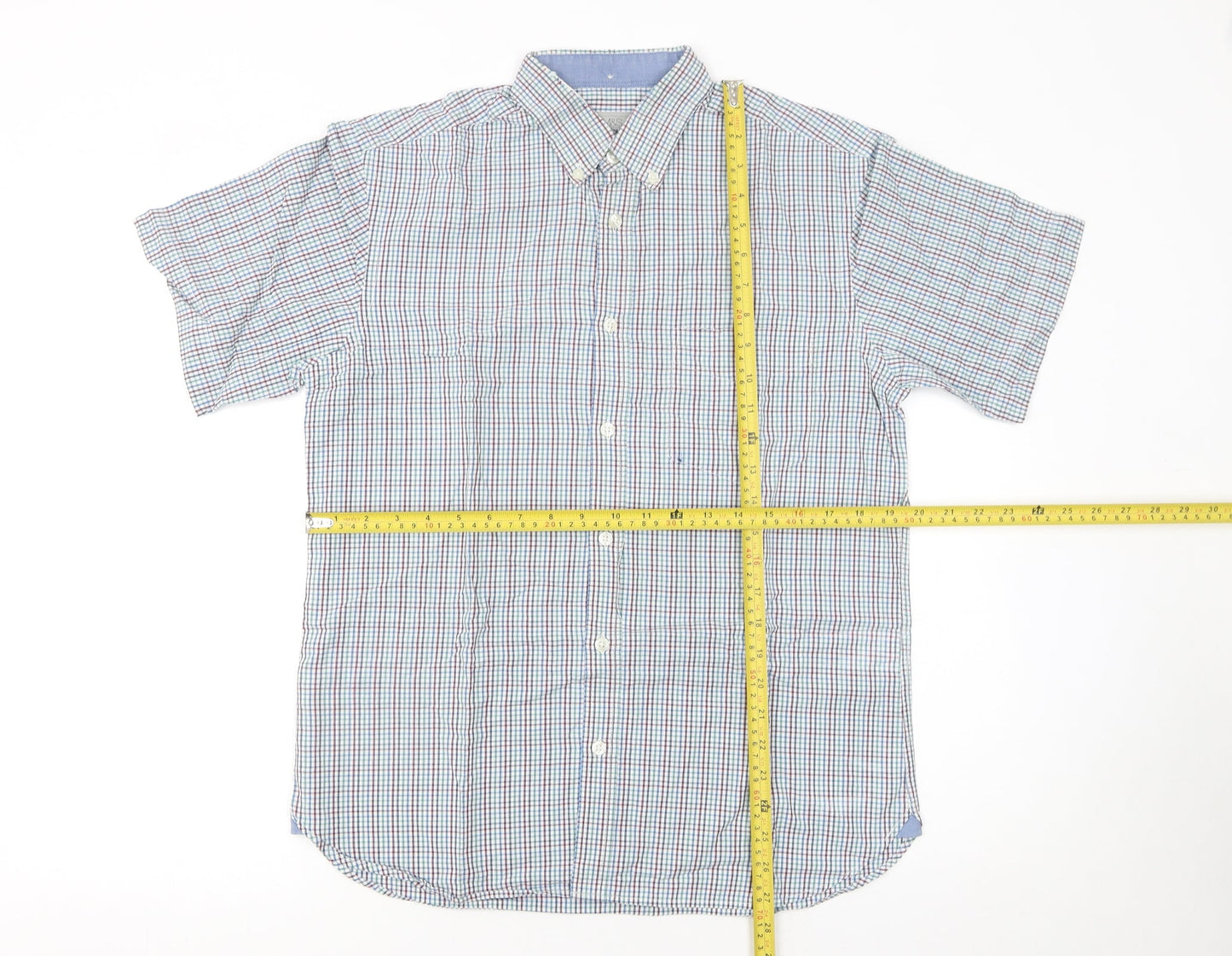 Marks and Spencer Men's Multicoloured Check Short Sleeve Cotton Shirt S