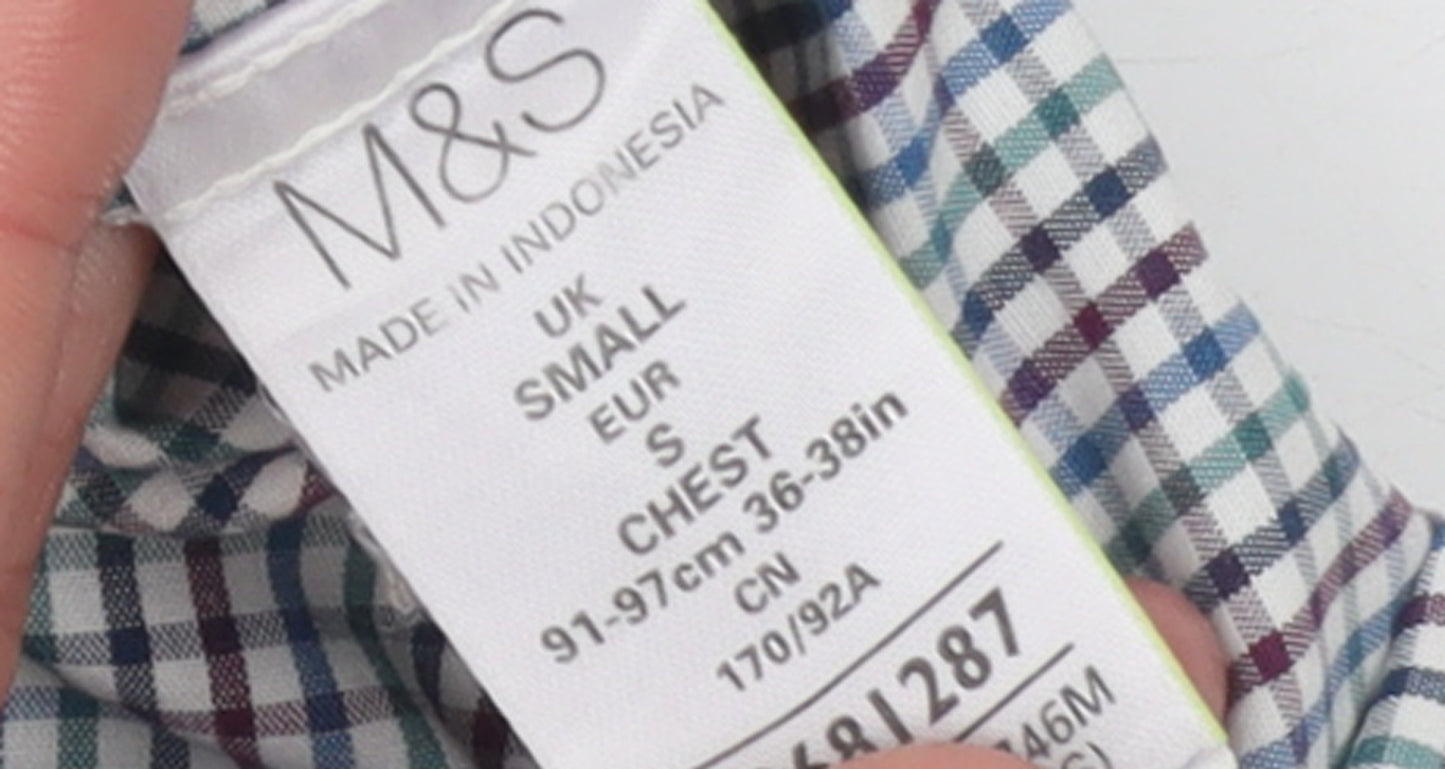 Marks and Spencer Men's Multicoloured Check Short Sleeve Cotton Shirt S