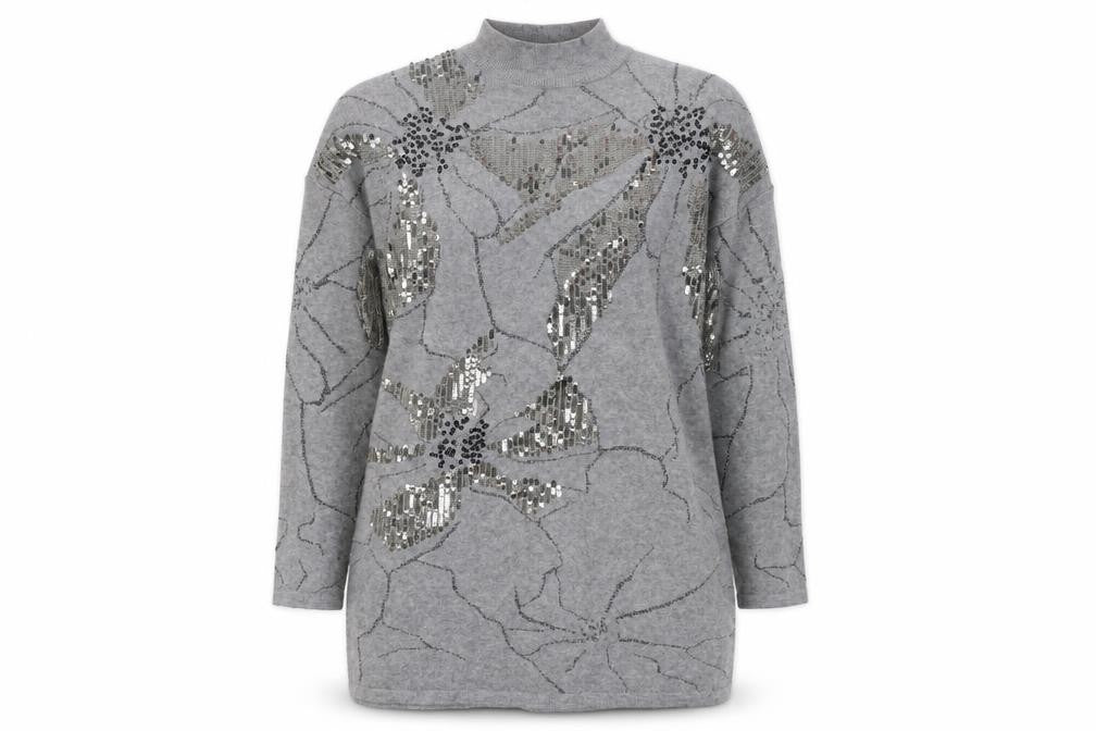Studio Women's Grey Sequin Floral Mock Neck Long Sleeve Jumper One Size