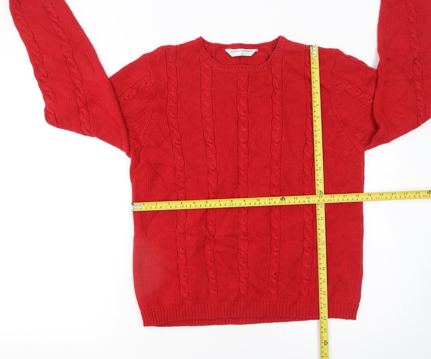 Alice Collins Women's Red Cable Knit Cotton Jumper Size 12