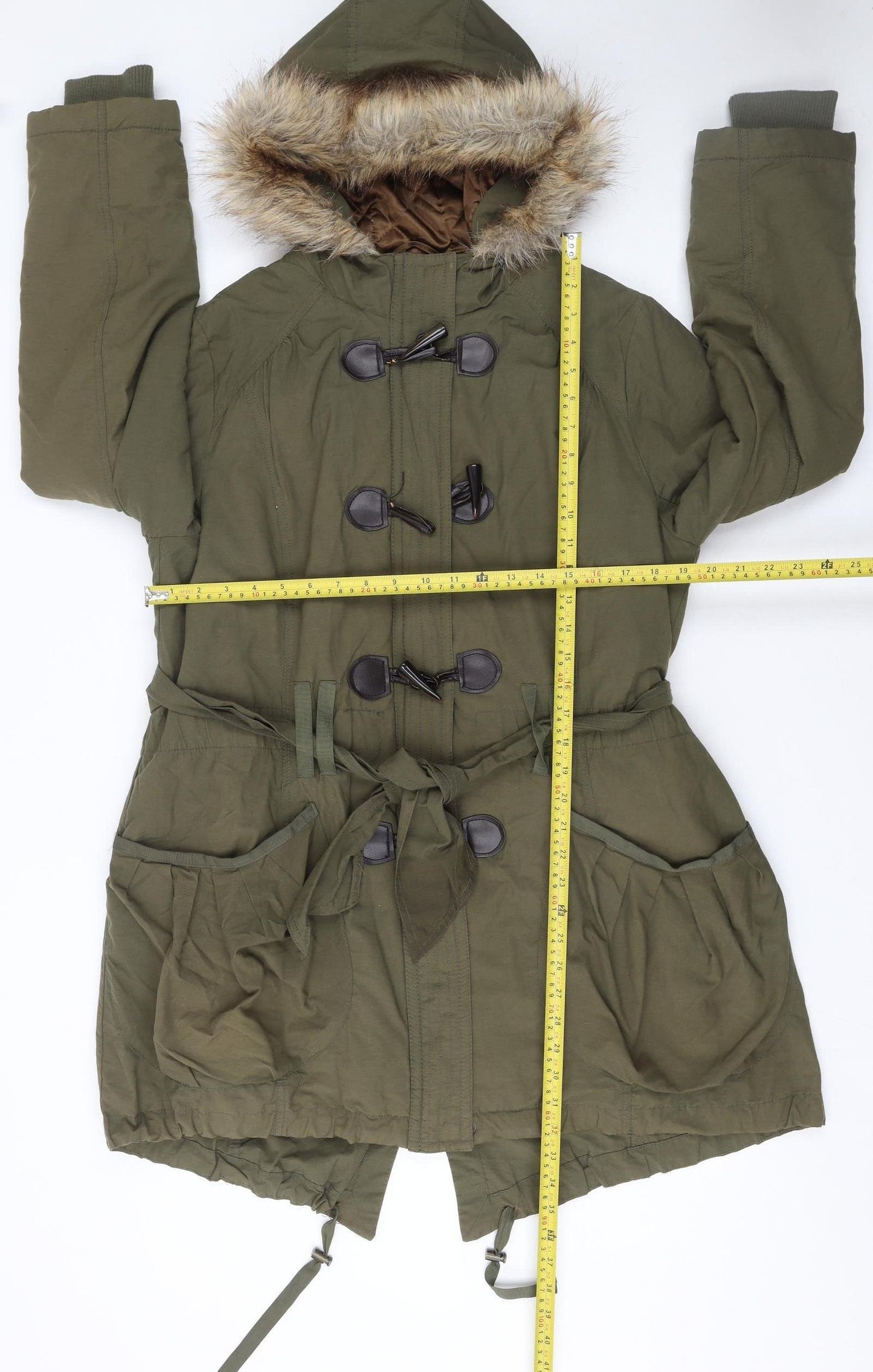 New Look Women’s Green Fur Trim Hooded Parka Coat Size 16