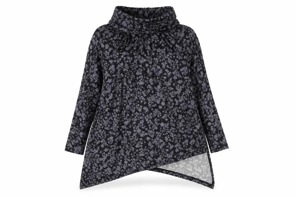 QED London Women’s Black Floral Jersey Roll Neck Tunic Top One Size