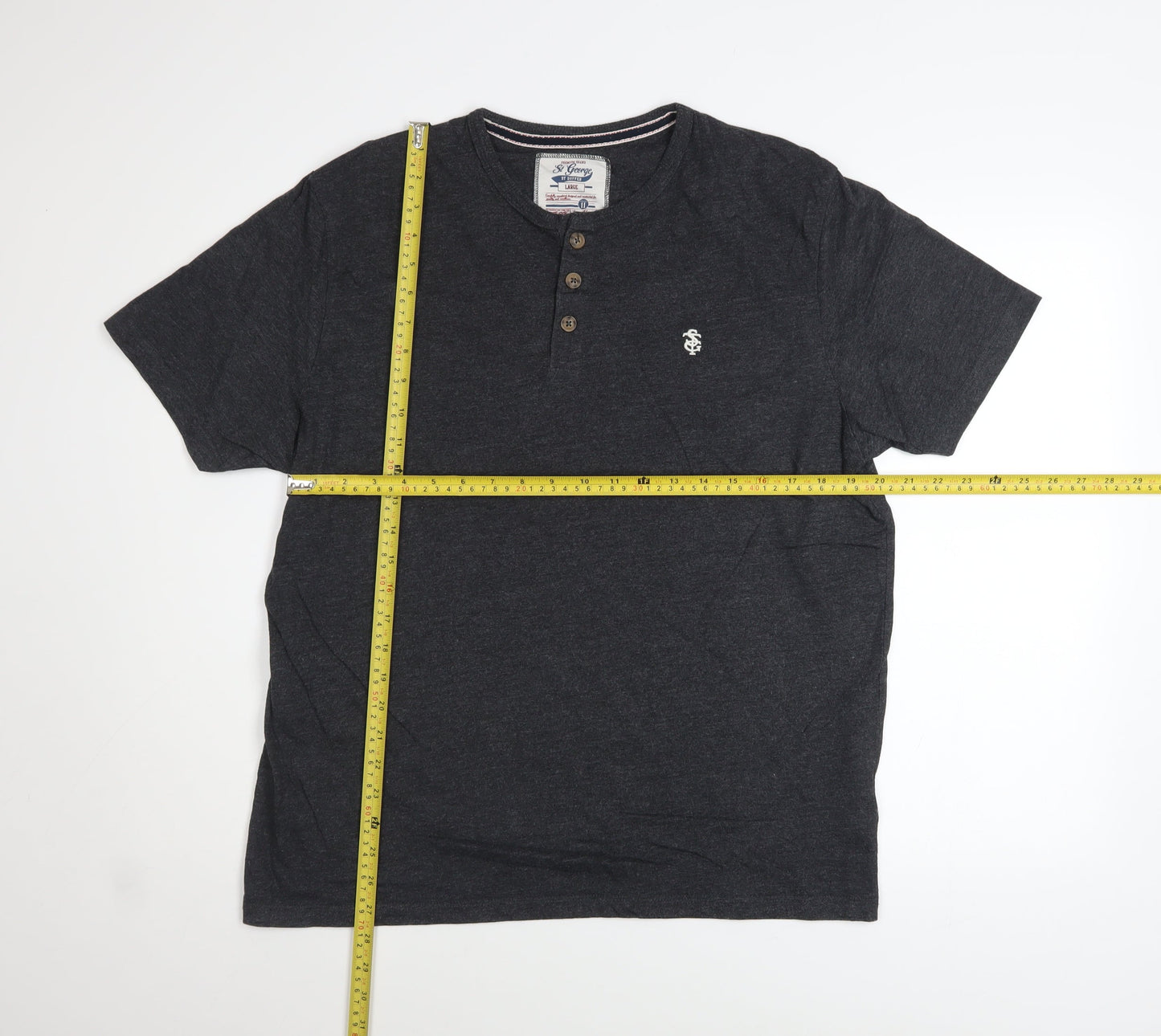 St George by Duffer Men's Grey Henley Short Sleeve Cotton Blend Shirt Size L