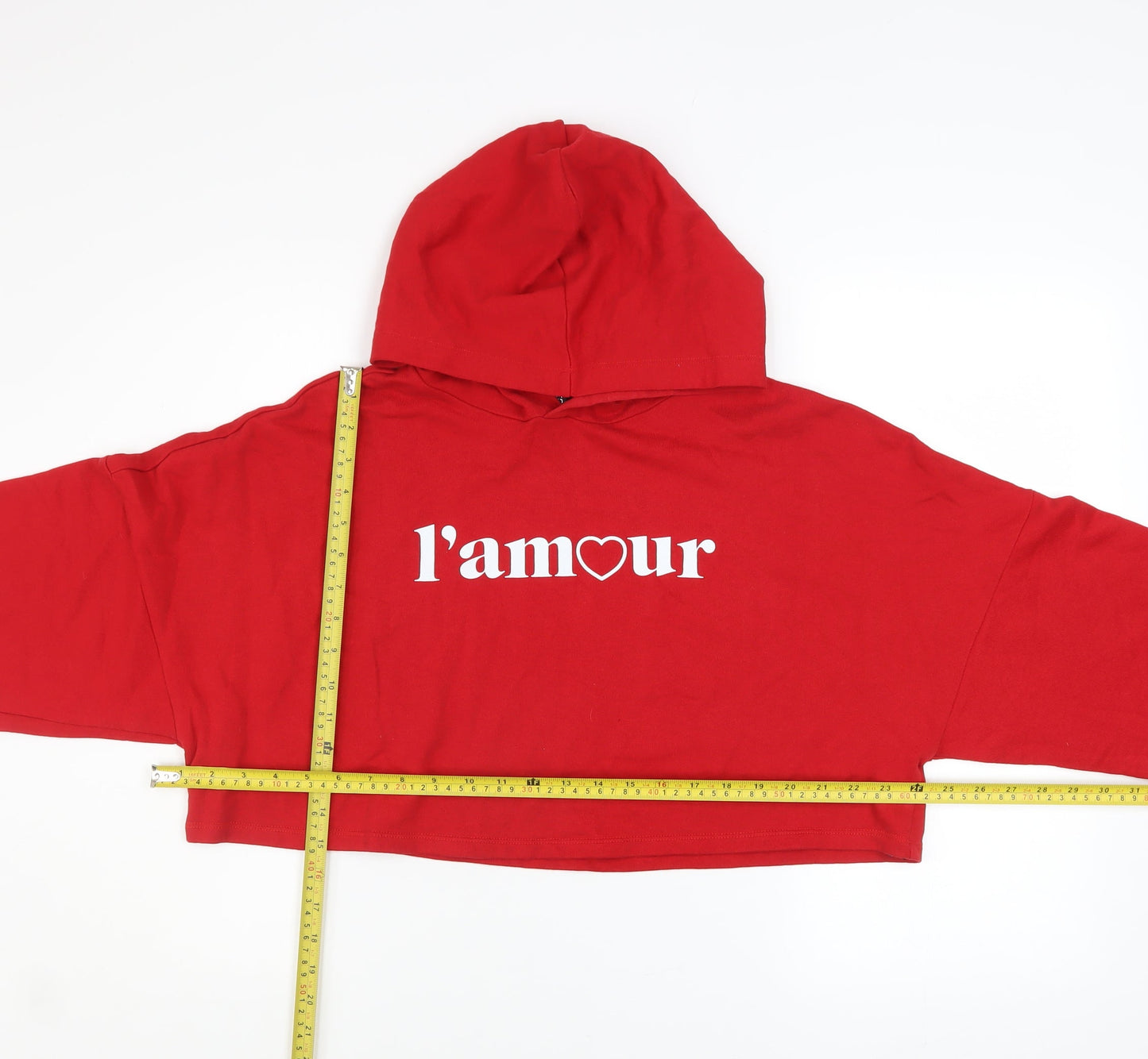 H&M Divided Womens Red Cropped Pullover Hoodie Size M L'amour Print